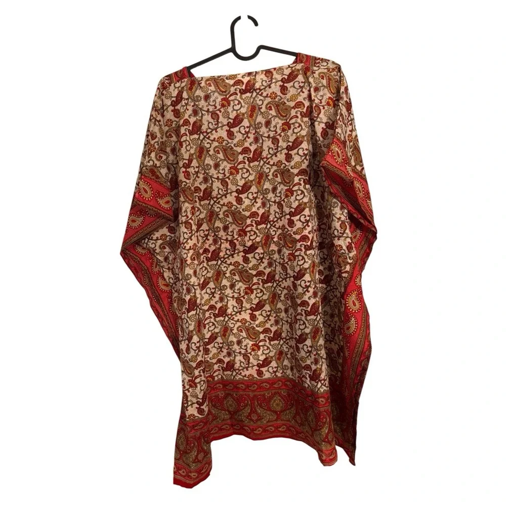 Brhamaki River Of Roses Kaftan Tunic Women Red Beige Boho Beach Cover Up Flowy - Picture 5 of 6